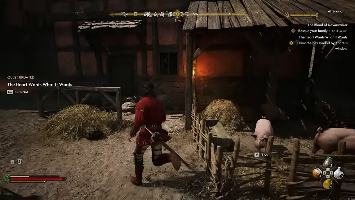 A figure in red runs past a pen of pigs in a cobbled street; the tracker reads Draw the hex symbol by Andrei's window