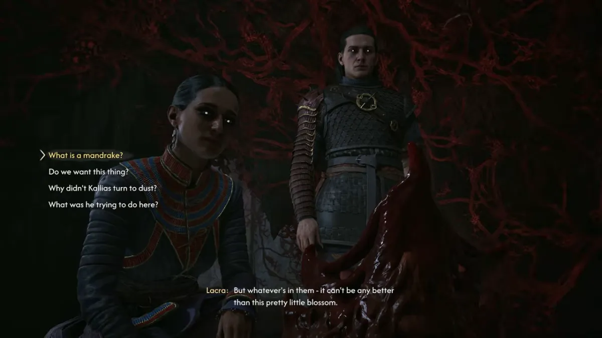 Two characters beside a dark red plant among red roots; a dialogue menu lists What is a mandrake?, Do we want this thing?, Why didn't Kallias turn to dust? and What was he trying to do here?