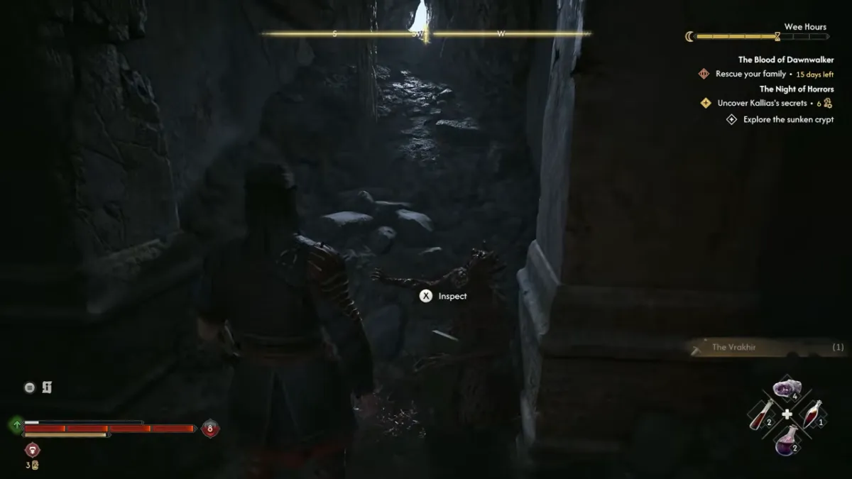 In a dark stone corridor, a dead creature slumps against the wall with an Inspect prompt, and a pickup notice reads The Vrakhir