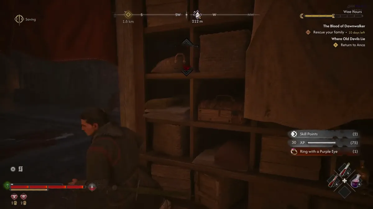 A shadowed shelf in a storeroom; the pickup notice at the right lists Skill Points, XP and Ring with a Purple Eye