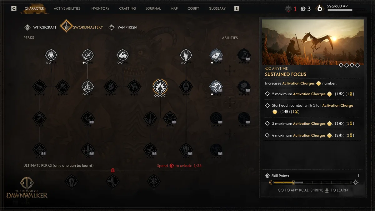 The Swordmastery skill screen: rows of perk icons, a detail panel for Sustained Focus, and at the bottom the row labelled Ultimate Perks (only one can be learnt) with a counter reading Spend to unlock: 1/35 and the note Go to any road shrine to learn
