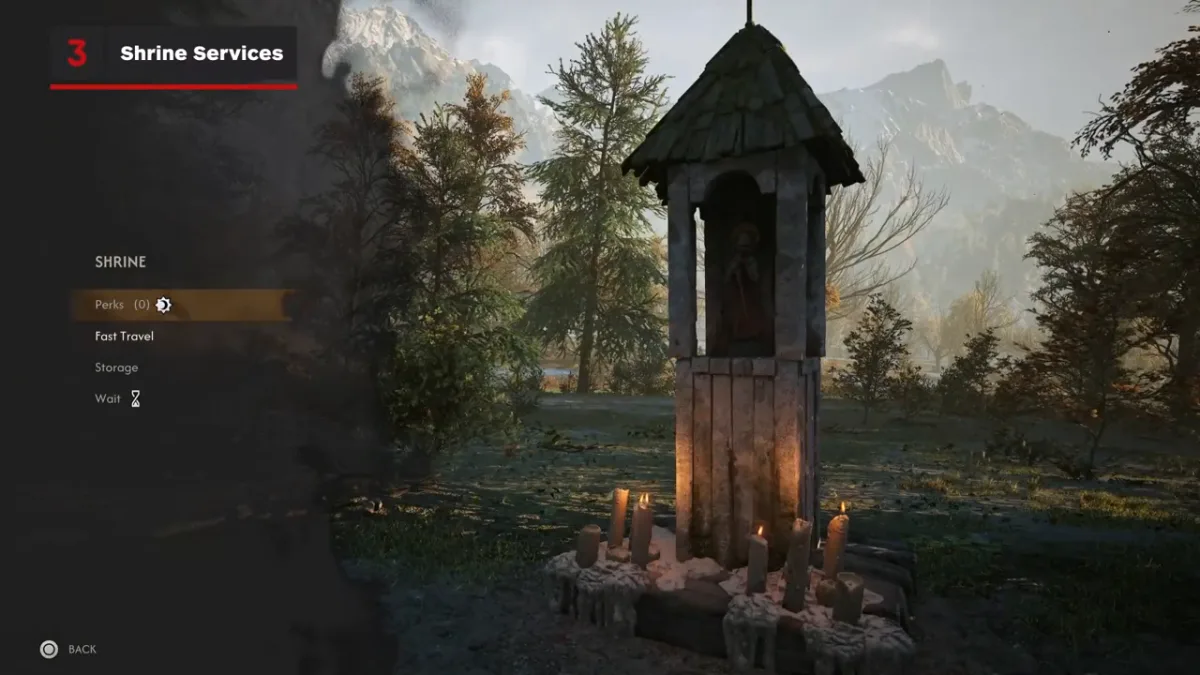 A wooden roadside shrine with candles; a Shrine Services menu at the left lists Perks, Fast Travel, Storage and Wait